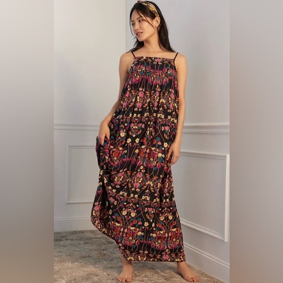 ANTHROPOLOGIE Black and fuchsia floral MACI quilted top maxi sundress size L - Picture 2 of 16